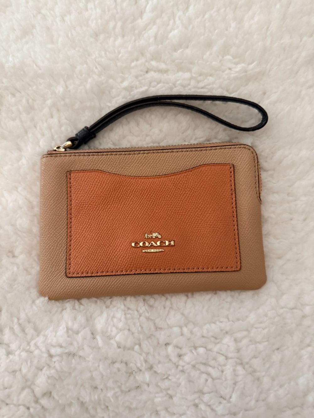 COACH Tan Wristlet with Cognac Front Pocket & Black Strap